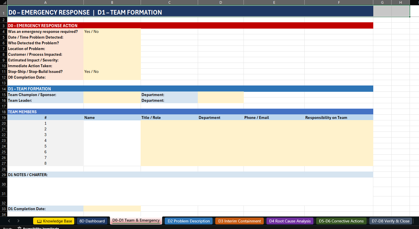8D workbook D0-D1 team and emergency tab thumbnail