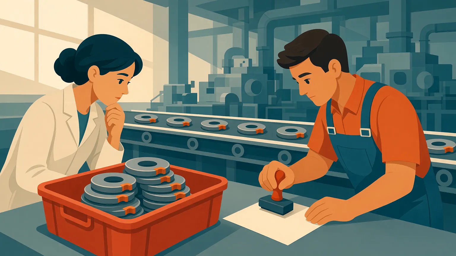 Semi-flat teal and orange illustration of a quality engineer watching an operator stamp a paper form closed beside a red bin of identical defective parts, while the same defect keeps riding down the conveyor behind them