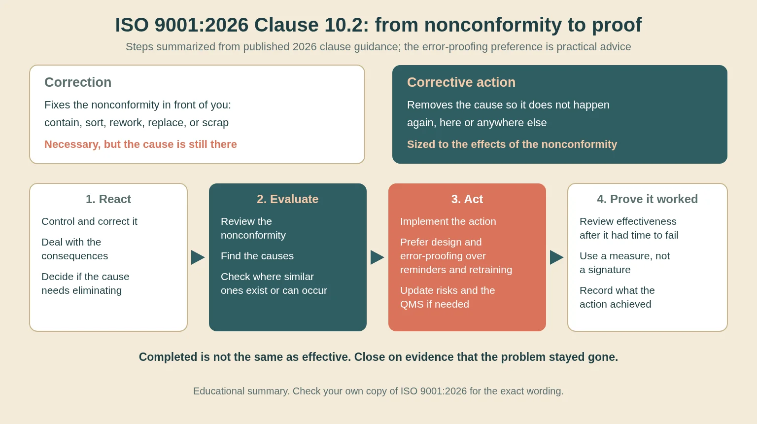 Infographic contrasting correction, which fixes the nonconformity in front of you, with corrective action, which removes the cause and is sized to the effects, above a four-step flow for ISO 9001:2026 Clause 10.2: react, evaluate, act, and prove it worked