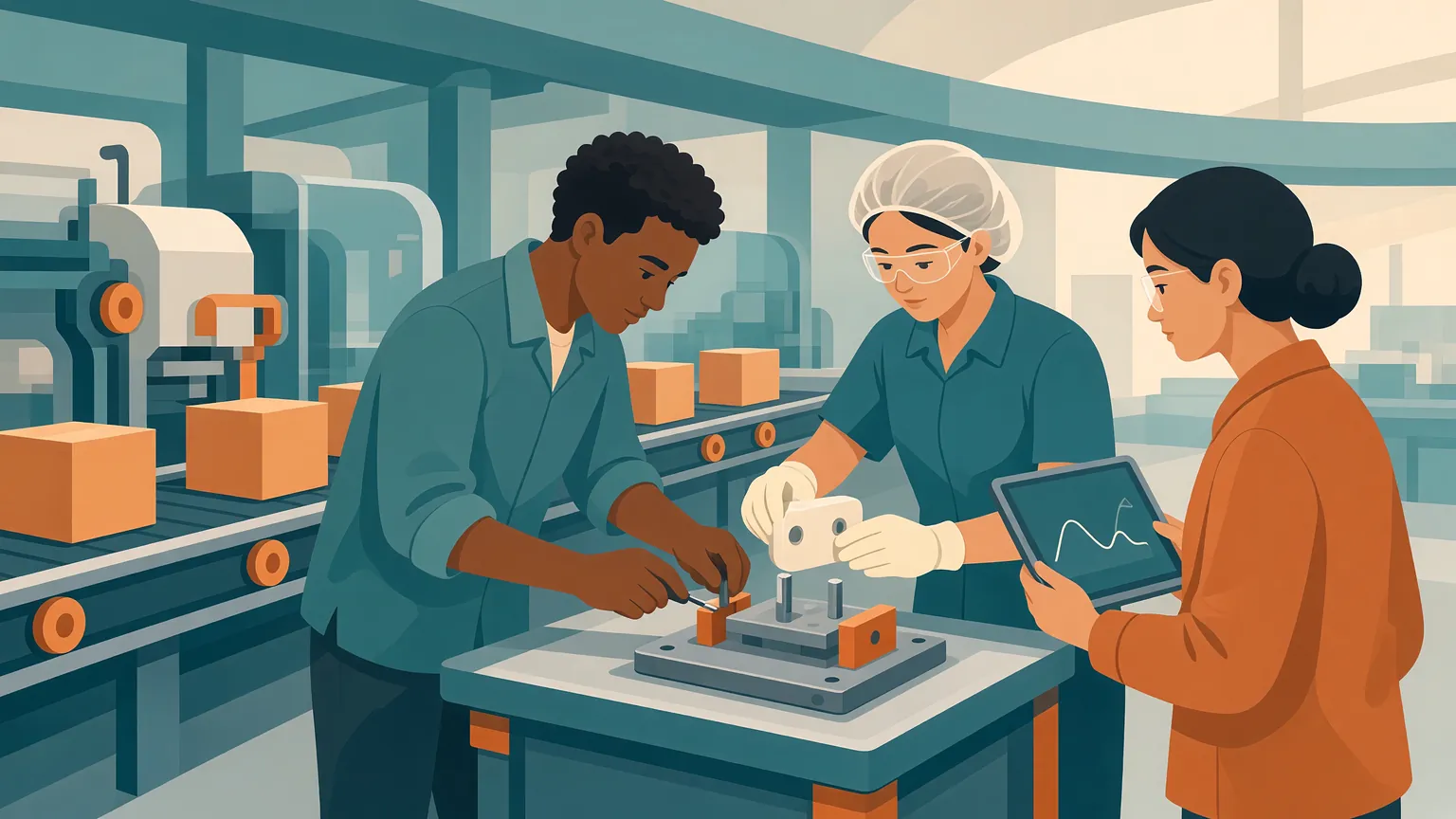 Semi-flat teal and orange illustration of a diverse production team beside a packaging line, an engineer fitting a mistake-proofing fixture with locating pins while an operator tests it with a part and a supervisor checks a simple trend on a tablet