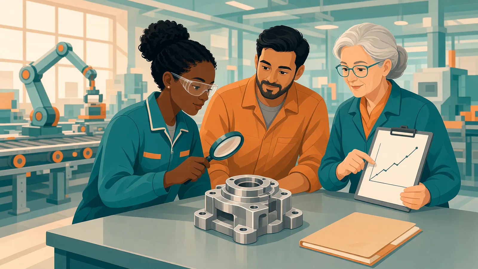 Semi-flat teal and orange illustration of a diverse manufacturing team at a factory workbench, a quality engineer inspecting a machined part with a magnifying glass while a supervisor points to a simple upward trend line on a clipboard beside a closed folder
