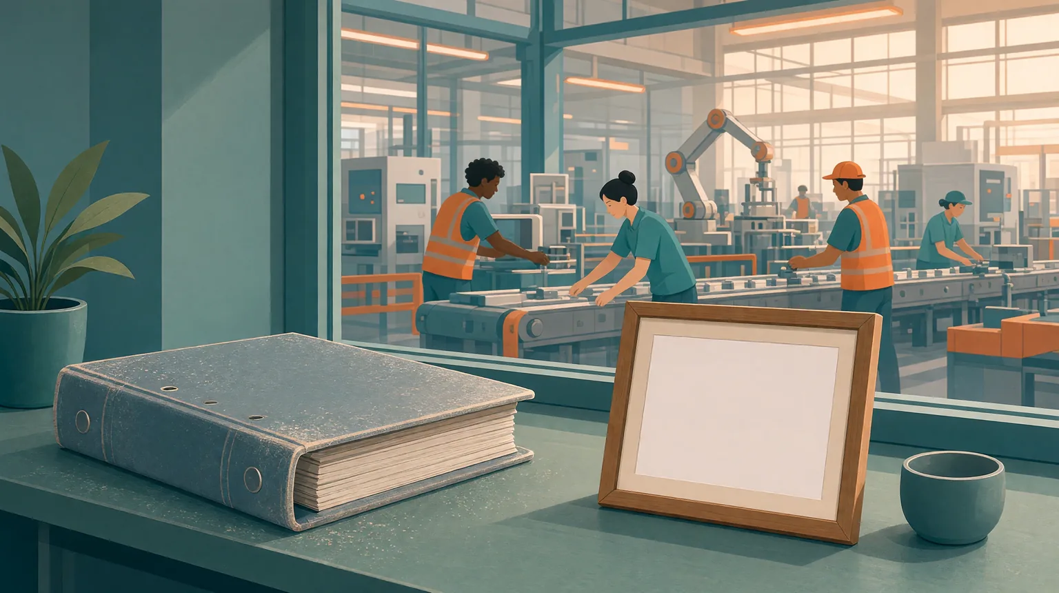 A dusty quality manual binder and an empty frame on an office ledge while workers run the production line beyond the window