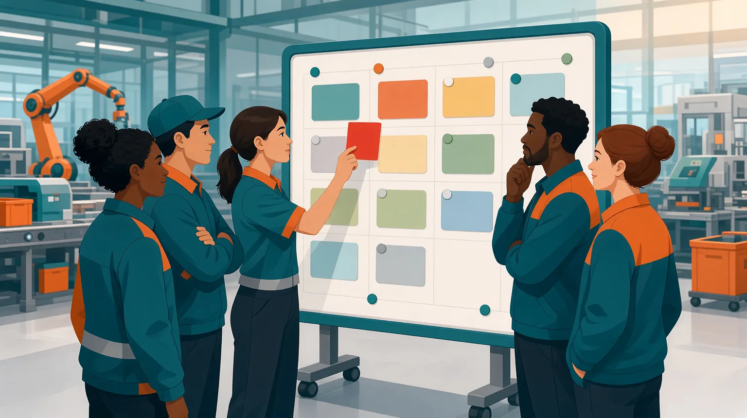 A production team gathered at a tier huddle board while an operator raises a red card to flag a quality problem
