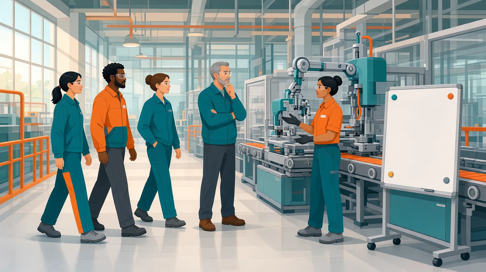 Plant leaders and operators on a Gemba walk, a supervisor listening as an operator explains her machine beside a huddle board