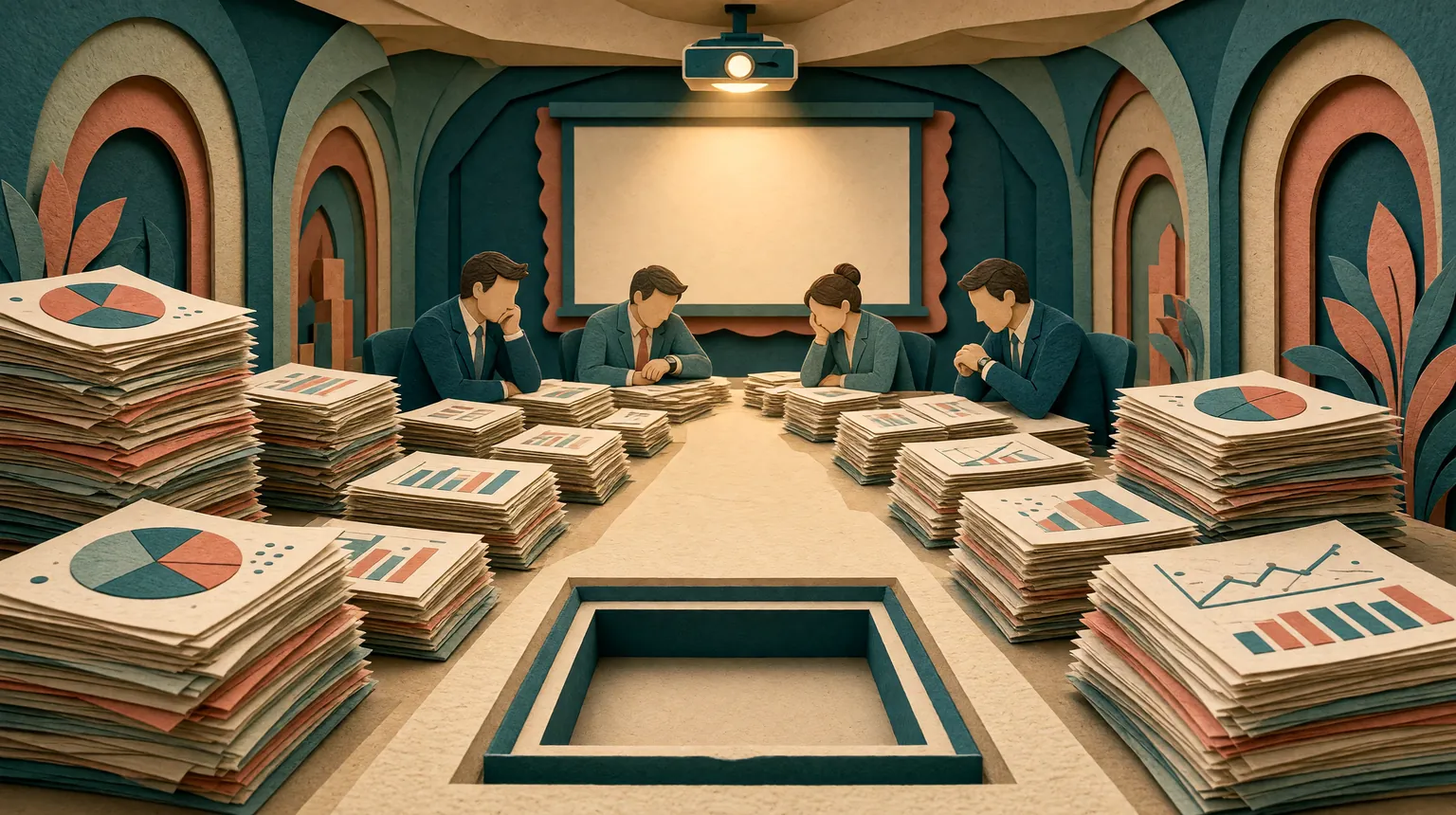 Paper-cut scene of executives slumped at the far end of a long boardroom table buried in stacks of slide printouts and charts, under a blank projector screen, with an empty decision tray in the foreground