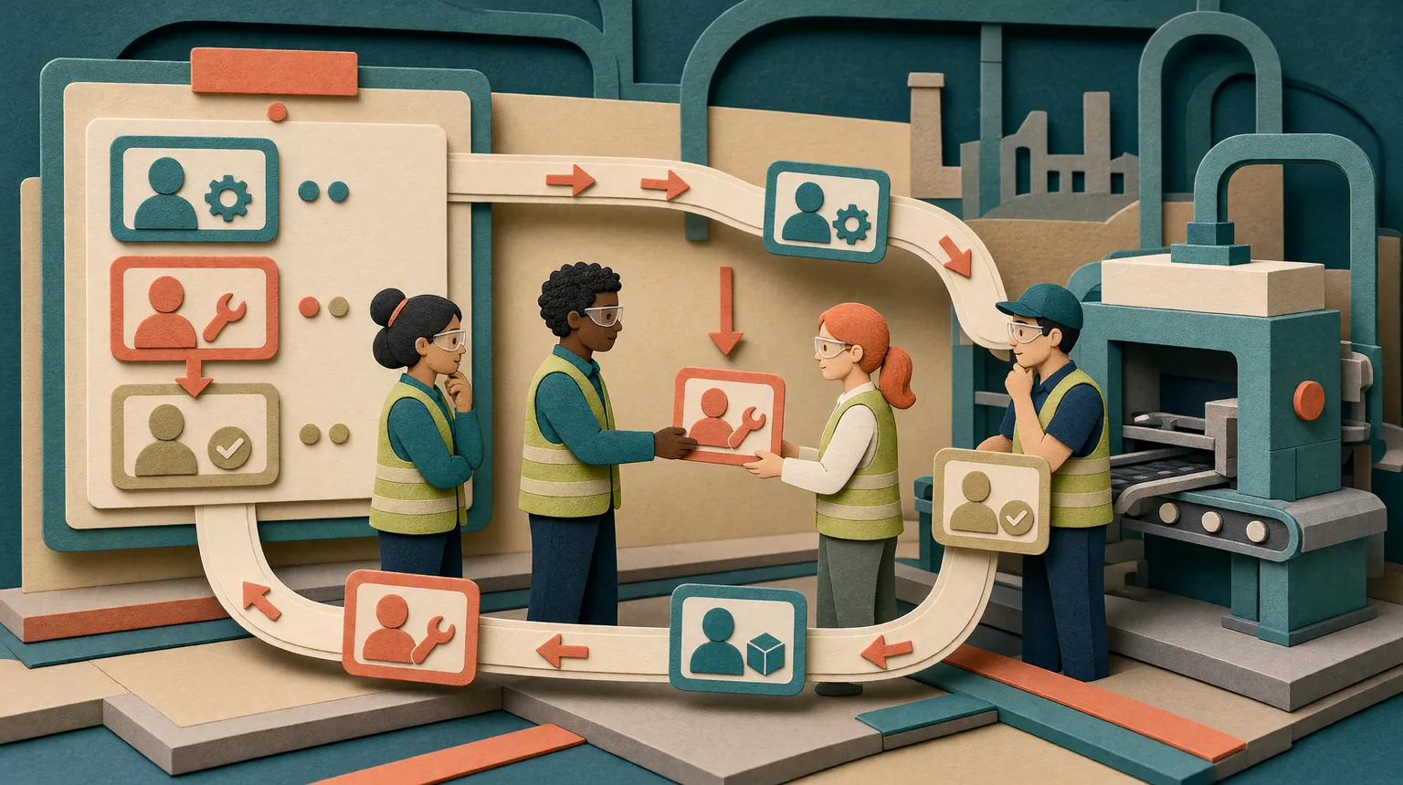Paper-cut scene of a diverse production team in safety glasses and hi-vis vests at a visual board on the shop floor, with a lead handing an action card to an operator as cards with owner icons loop from the board to a machine and back