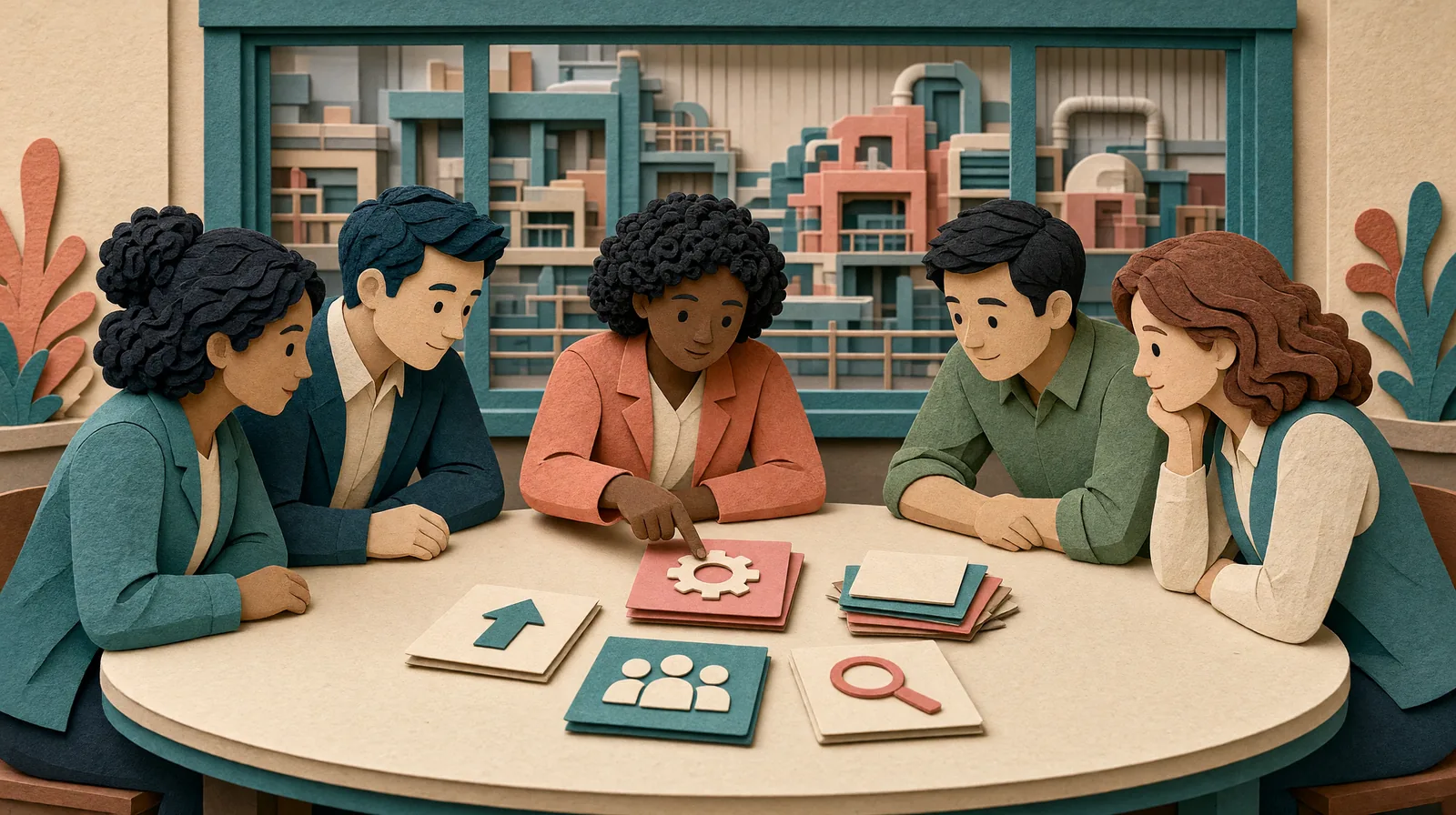 Layered paper-cut scene of a diverse leadership team around a meeting table above the factory floor, sorting cards marked with simple icons for improvement, people, a gear, and a magnifying glass while one leader points to the card they will act on