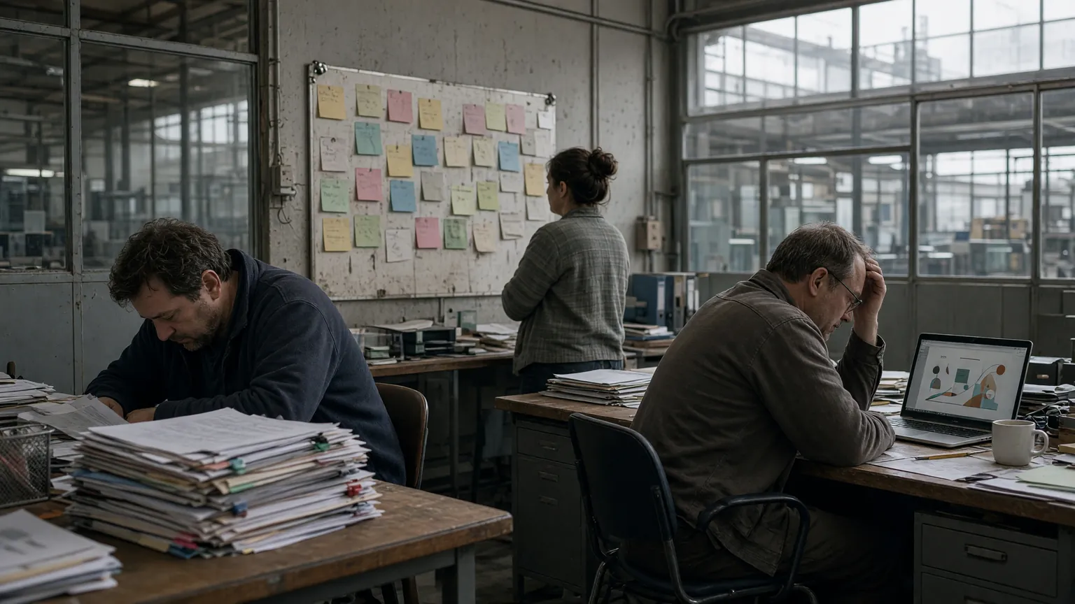 Photorealistic scene of three disconnected workstations in a factory office: one worker buried in a stack of corrective action folders, another facing a wall of faded sticky notes from an old improvement event, and a third holding his head in front of a laptop project chart, none of them talking