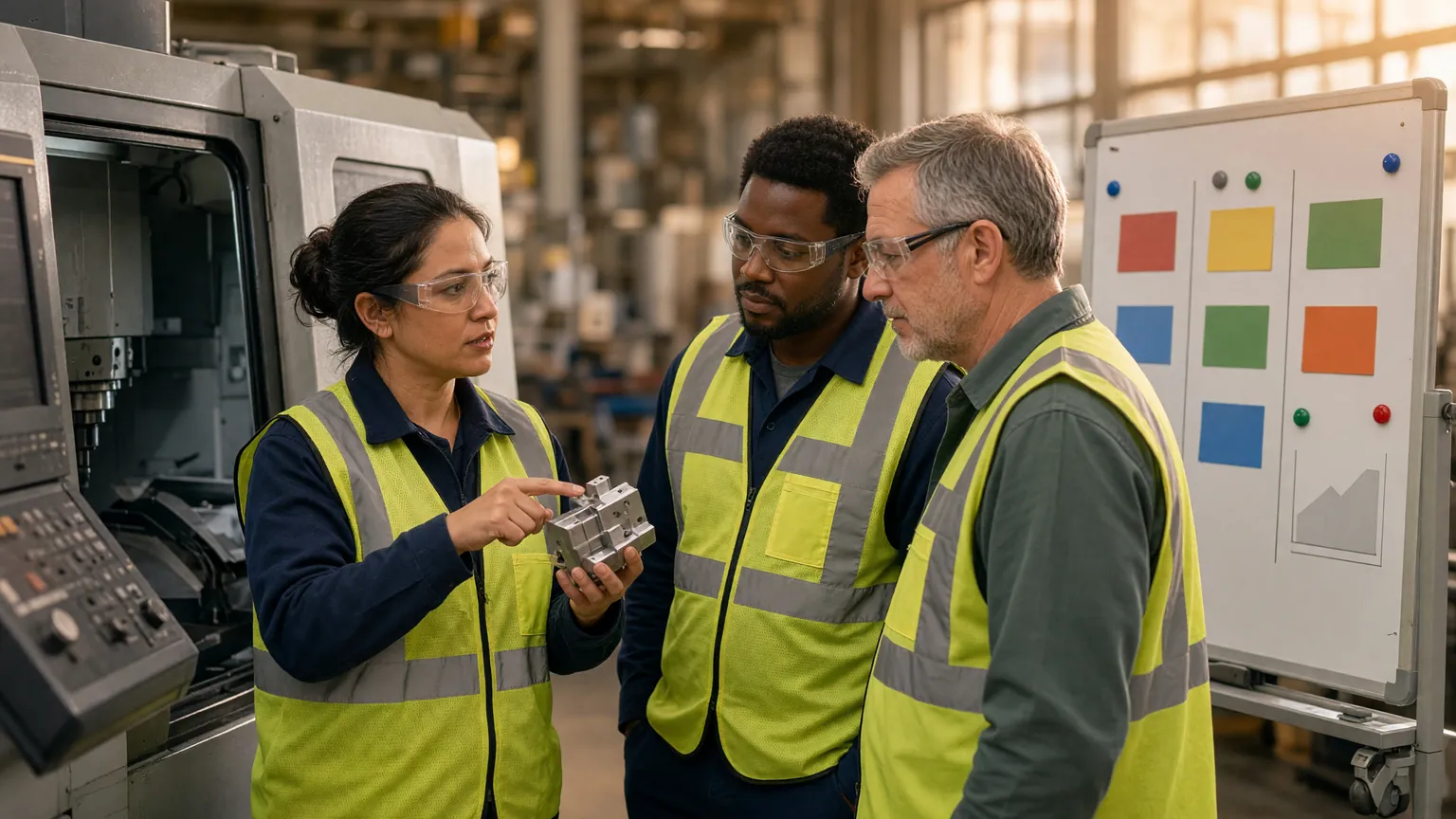 Photorealistic scene of a diverse production team in safety glasses and hi-vis vests at a stand-up huddle beside a CNC machine, an operator pointing at a machined part while a quality engineer and a team lead listen, next to a rolling board with colored cards