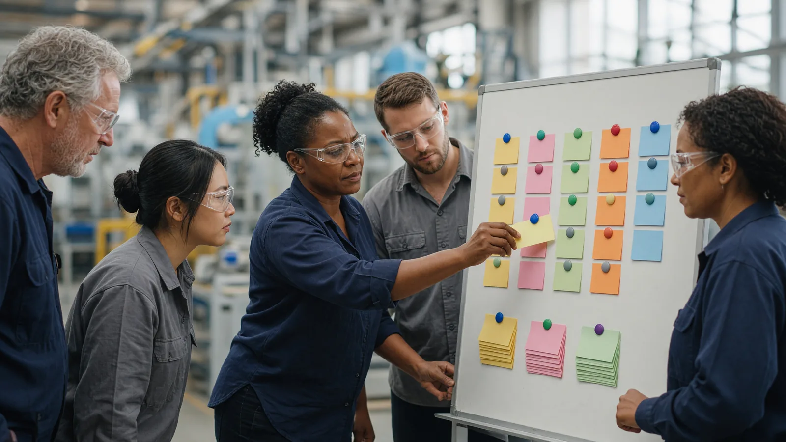 Photorealistic scene of a diverse manufacturing team in safety glasses at a whiteboard on a bright factory floor, a team member moving one colored card from three separate piles into a single row of columns