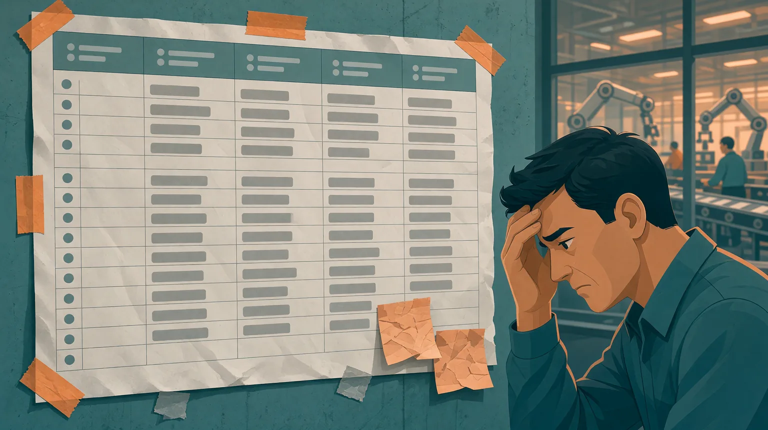 A frustrated quality manager studying a cluttered risk-register sheet taped to an office wall while production runs beyond the window
