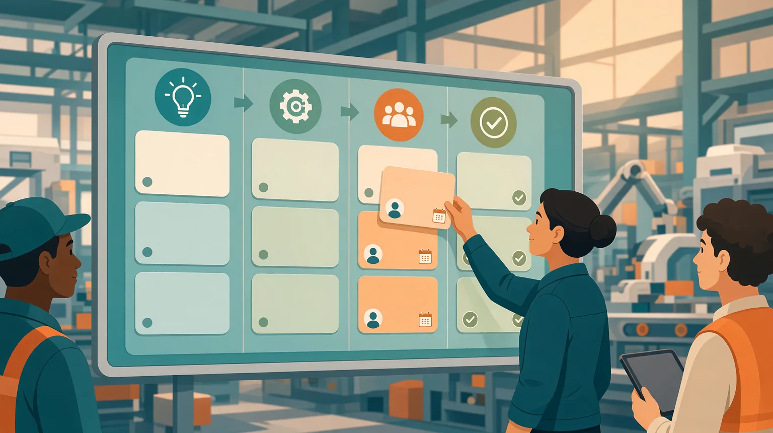 Shop-floor team moving opportunity cards across a kanban-style pipeline board with owner avatars and stage icons