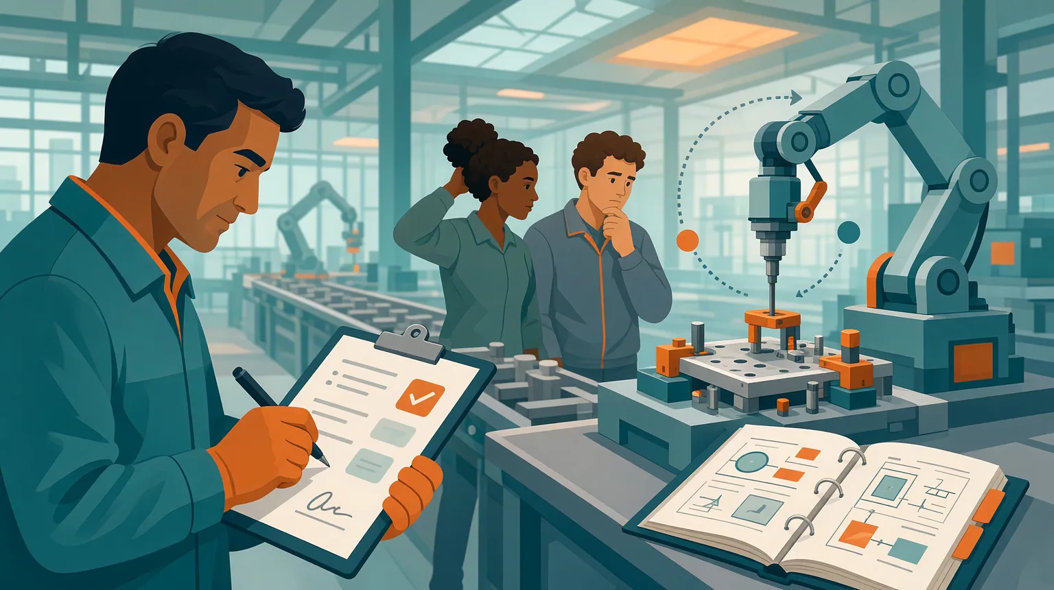 A supervisor signs a change approval on a clipboard while two operators puzzle over a reconfigured machine fixture next to an outdated work instruction binder