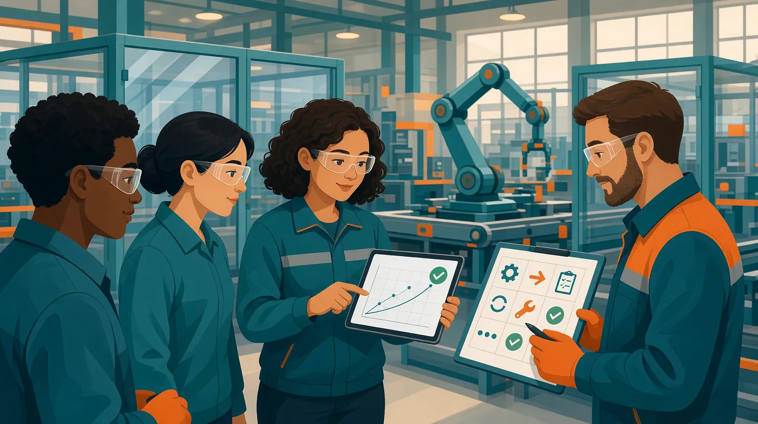 A diverse production team in safety glasses holding a follow-up huddle, with one lead showing a rising trend chart with a green check on a tablet and another updating an icon-based standard work sheet