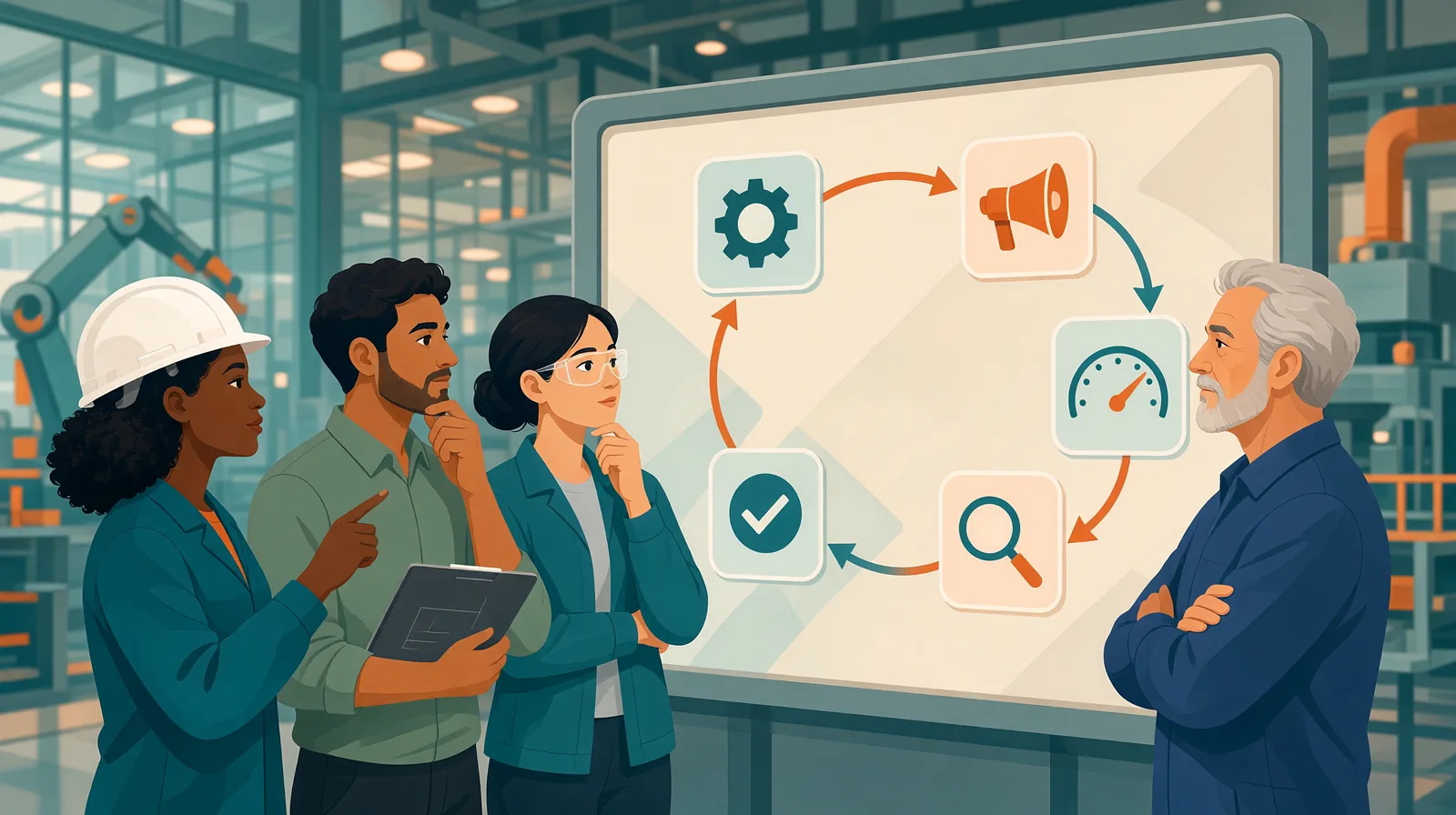 Diverse manufacturing team at a wall board showing a closed loop of icons for a change: gear, megaphone, gauge, magnifying glass, and checkmark