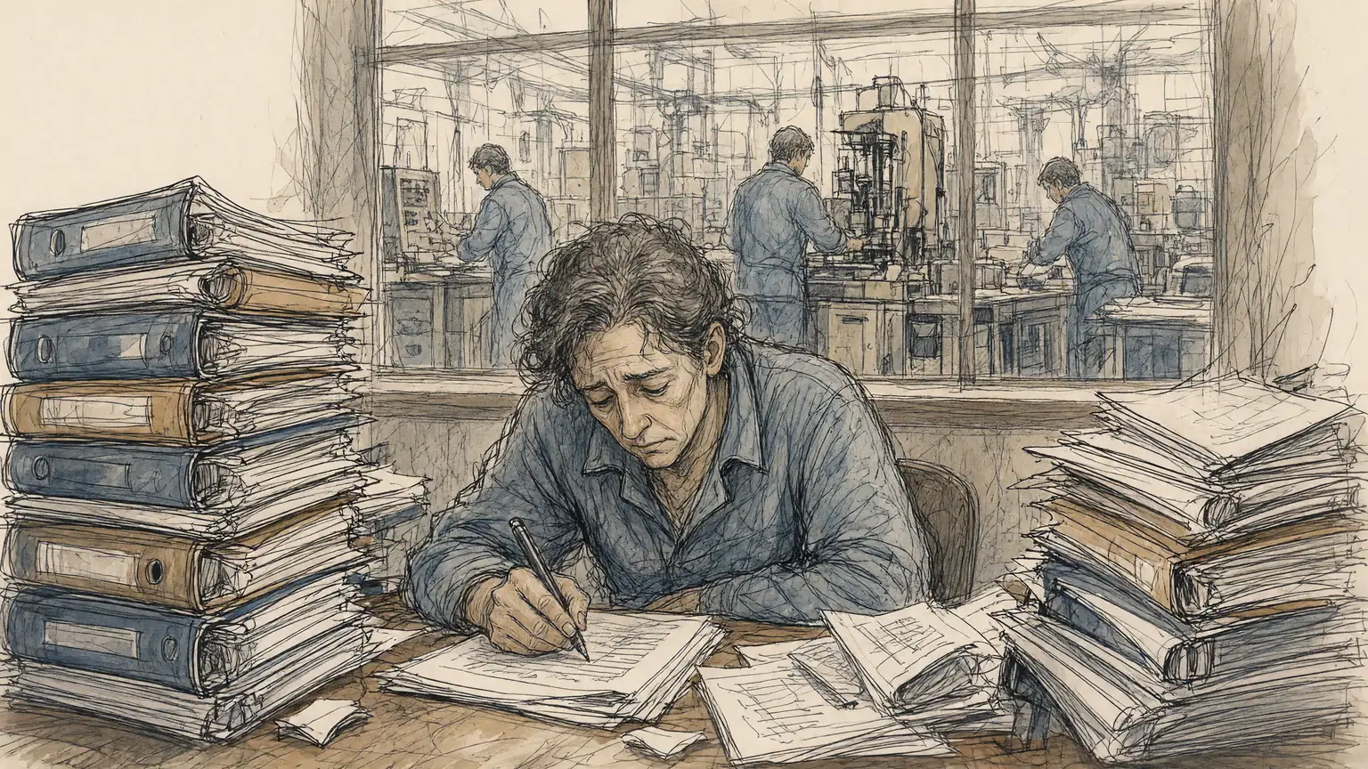 Hand-drawn pencil and ink-wash sketch of a quality manager at a desk buried between tall stacks of binders, writing on loose pages, while through the window behind them operators keep working at their machines exactly as before