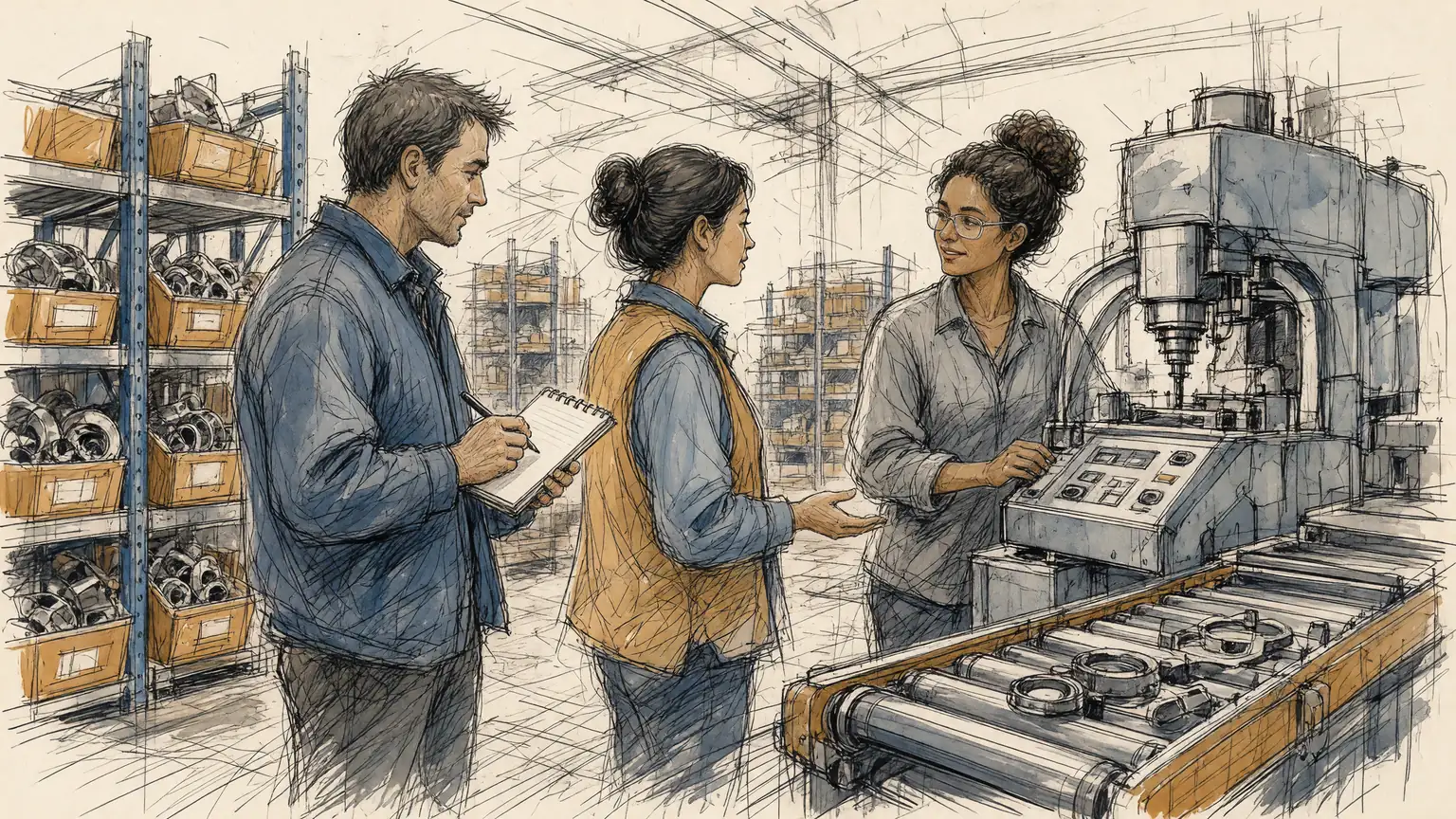 Hand-drawn pencil and watercolor sketch of a plant leader with a small notebook and a shift supervisor in an ochre vest talking with an operator at a machine beside a roller conveyor and racks of parts during a Gemba walk