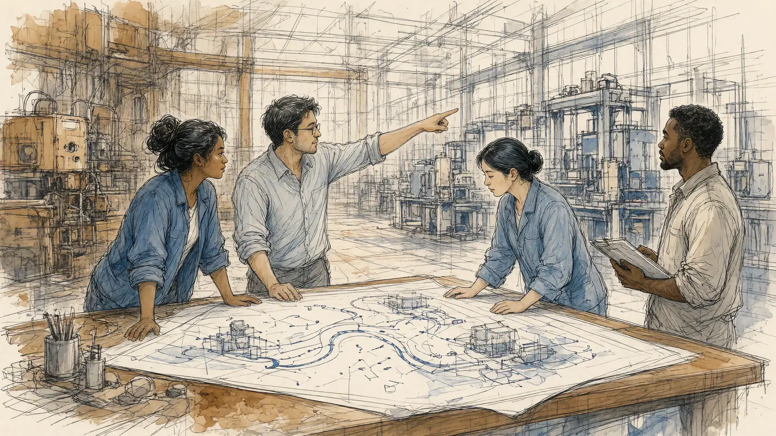 Hand-drawn pencil and ink-wash sketch with blue and ochre watercolor accents of a diverse team of four operations and quality leaders leaning over a large plan sheet on a factory workbench, one pointing toward the production line behind them while another holds a clipboard