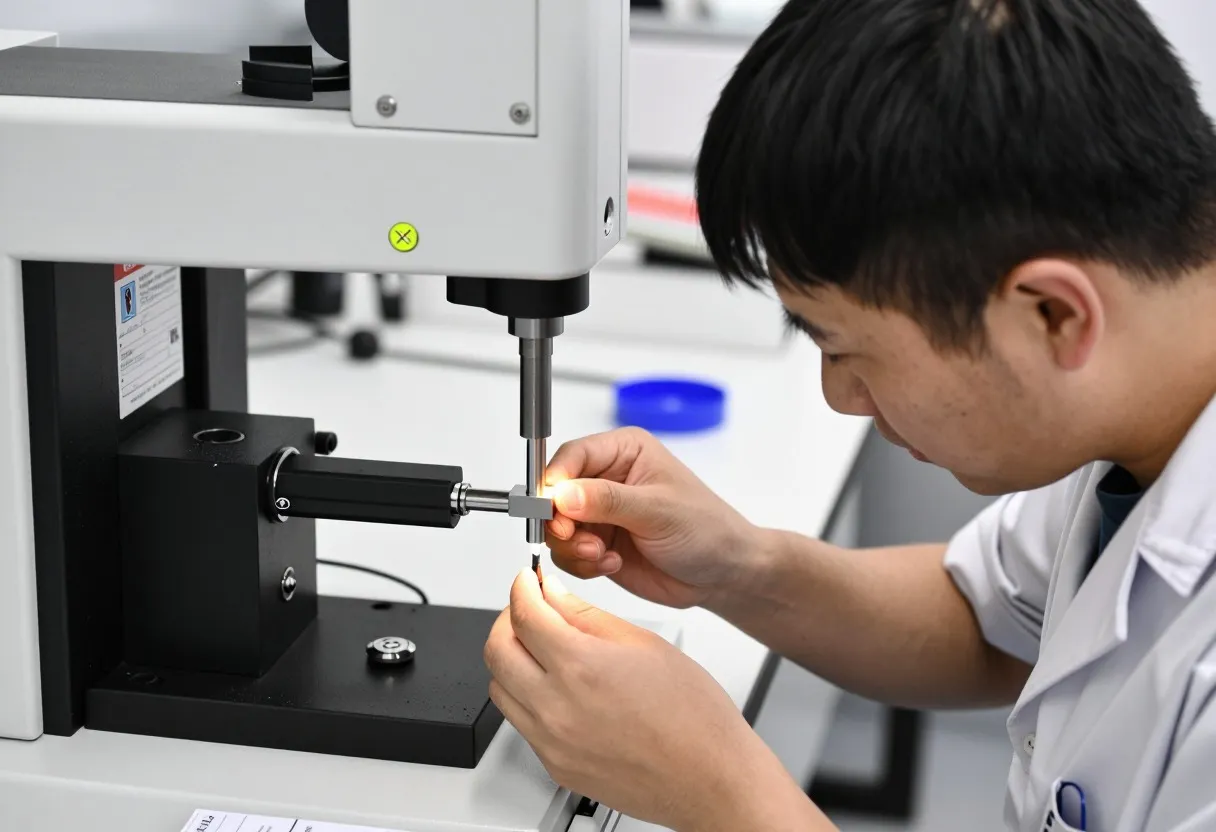 Quality technician verifying a bore gage against a calibrated master ring before starting a capability data collection run