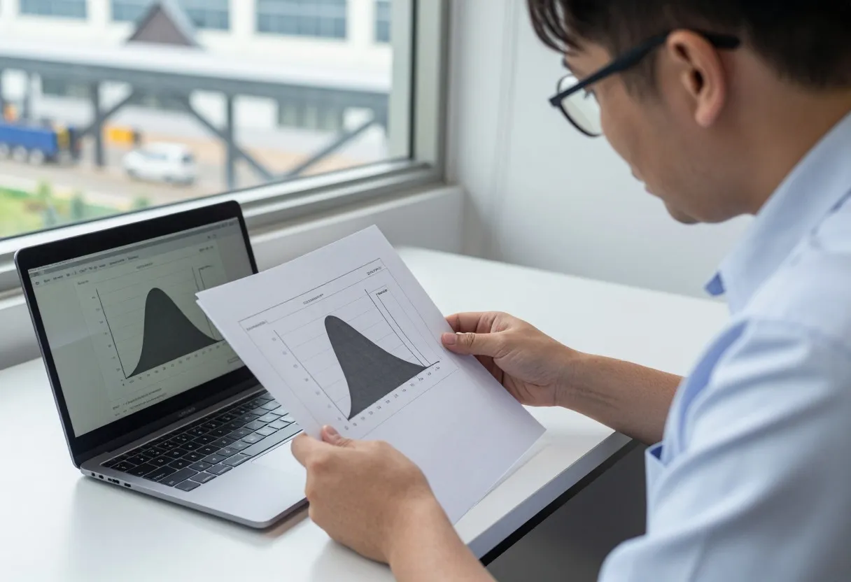 Quality engineer at a desk reviewing a printed capability histogram with overlaid specification limits next to a laptop showing the same chart