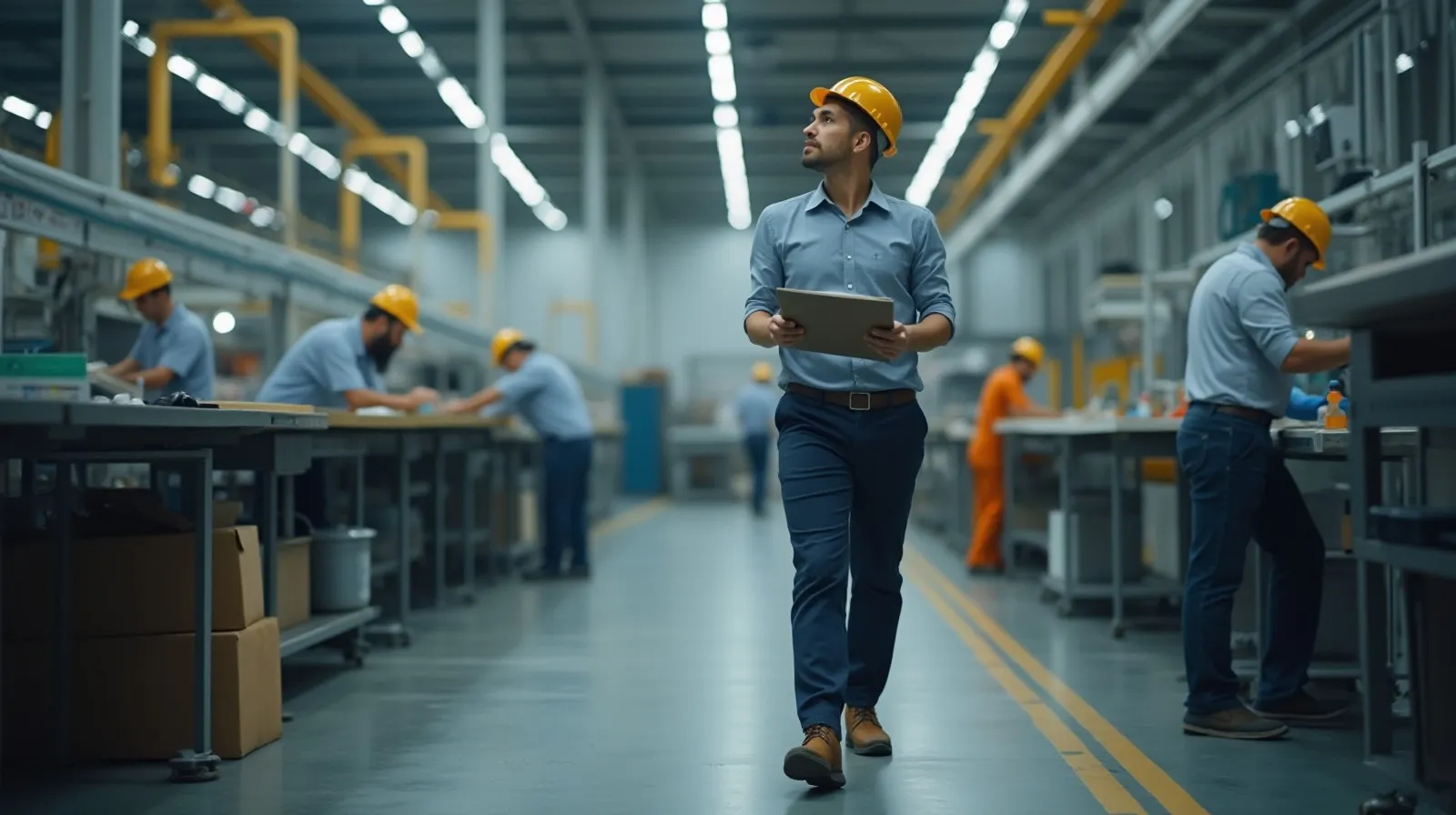 A plant manager walking quietly along a manufacturing production line, observing from a respectful distance, holding a small notebook