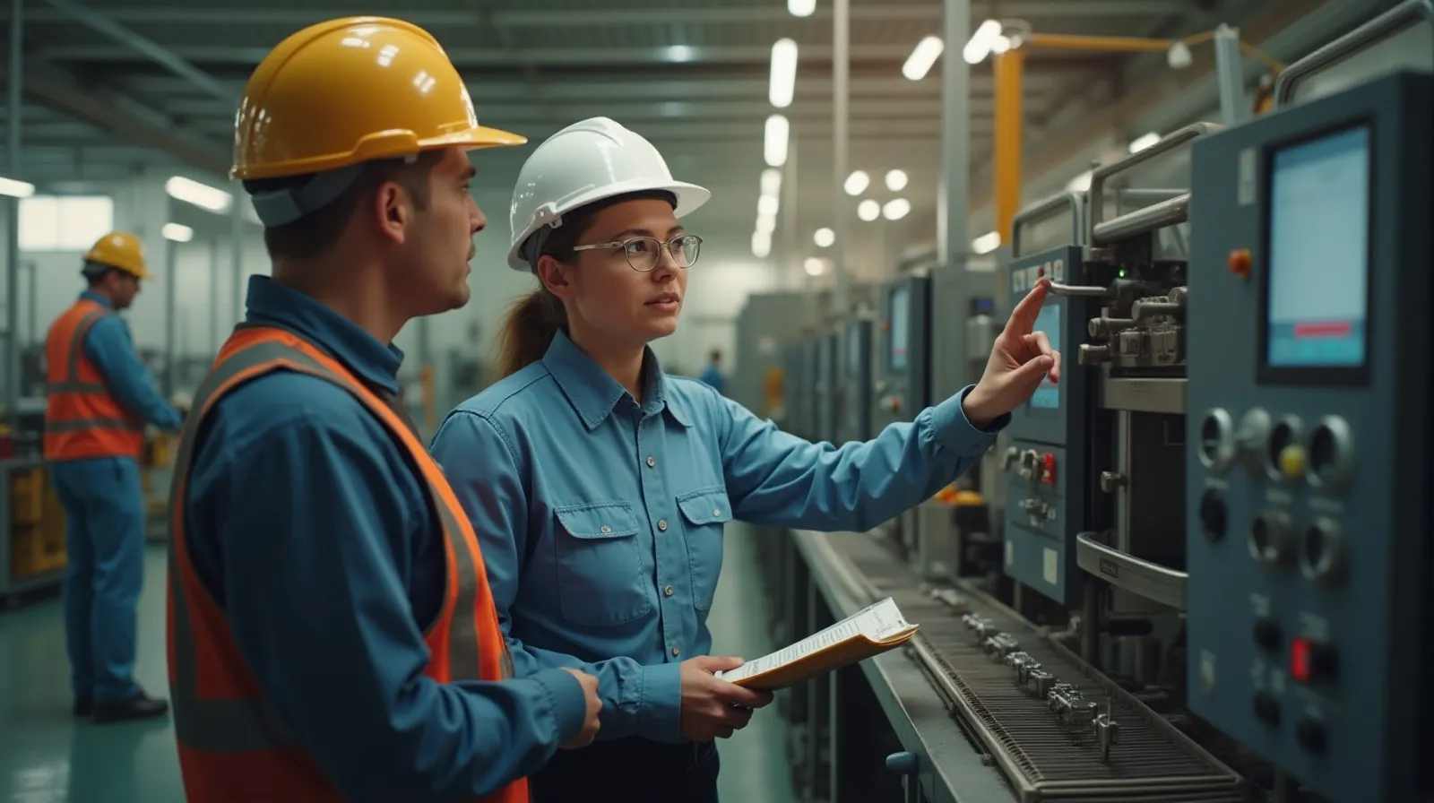 A manufacturing supervisor standing beside a production line operator, both looking at the workstation together while the operator gestures toward the equipment