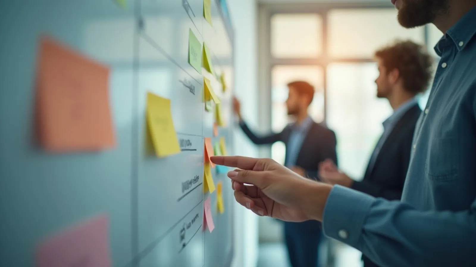 Hands adjusting colored sticky notes on a large wall-mounted planning board during a strategy alignment discussion