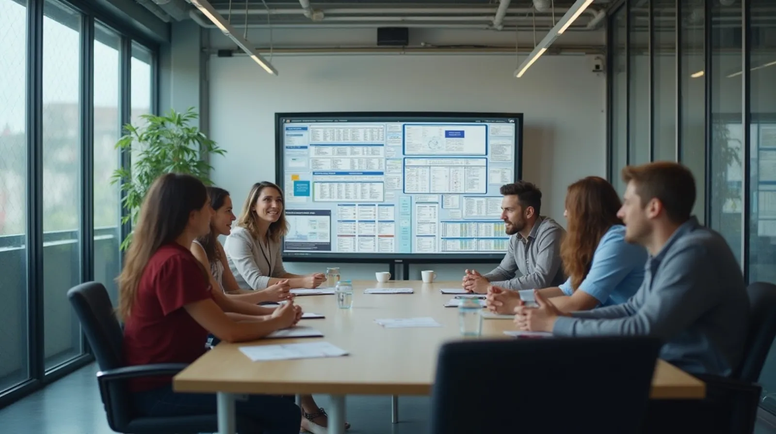 A small cross-functional leadership team gathered around a conference table, discussing a large wall-mounted planning board with a grid layout of objectives and metrics