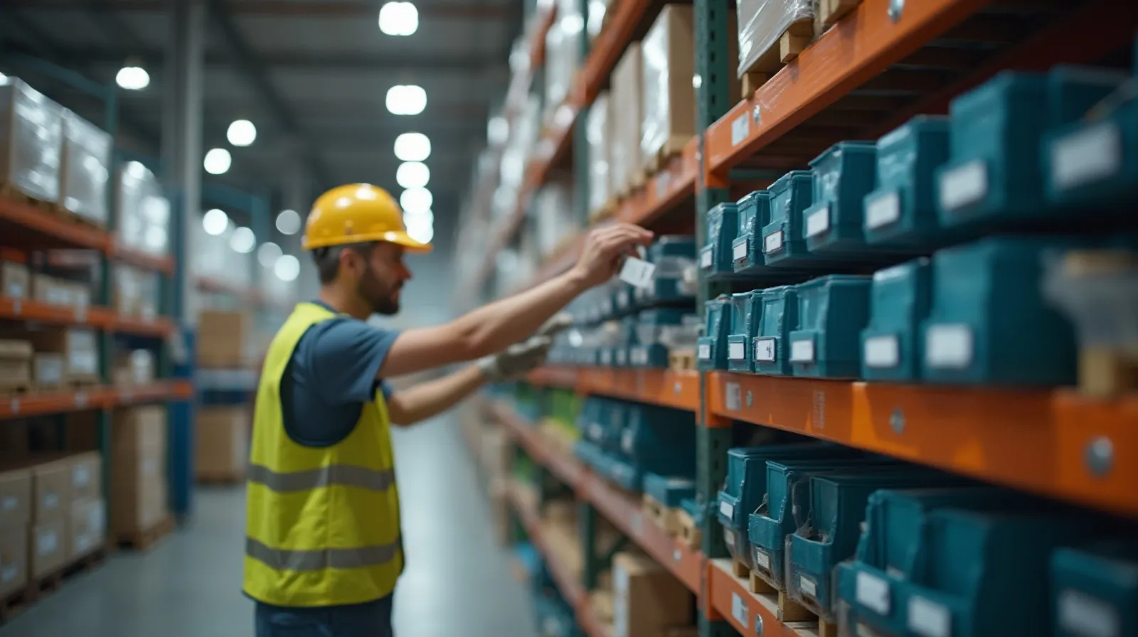 A warehouse worker retrieving a small card from a wall-mounted kanban card rack next to stacked bins and containers on a production line