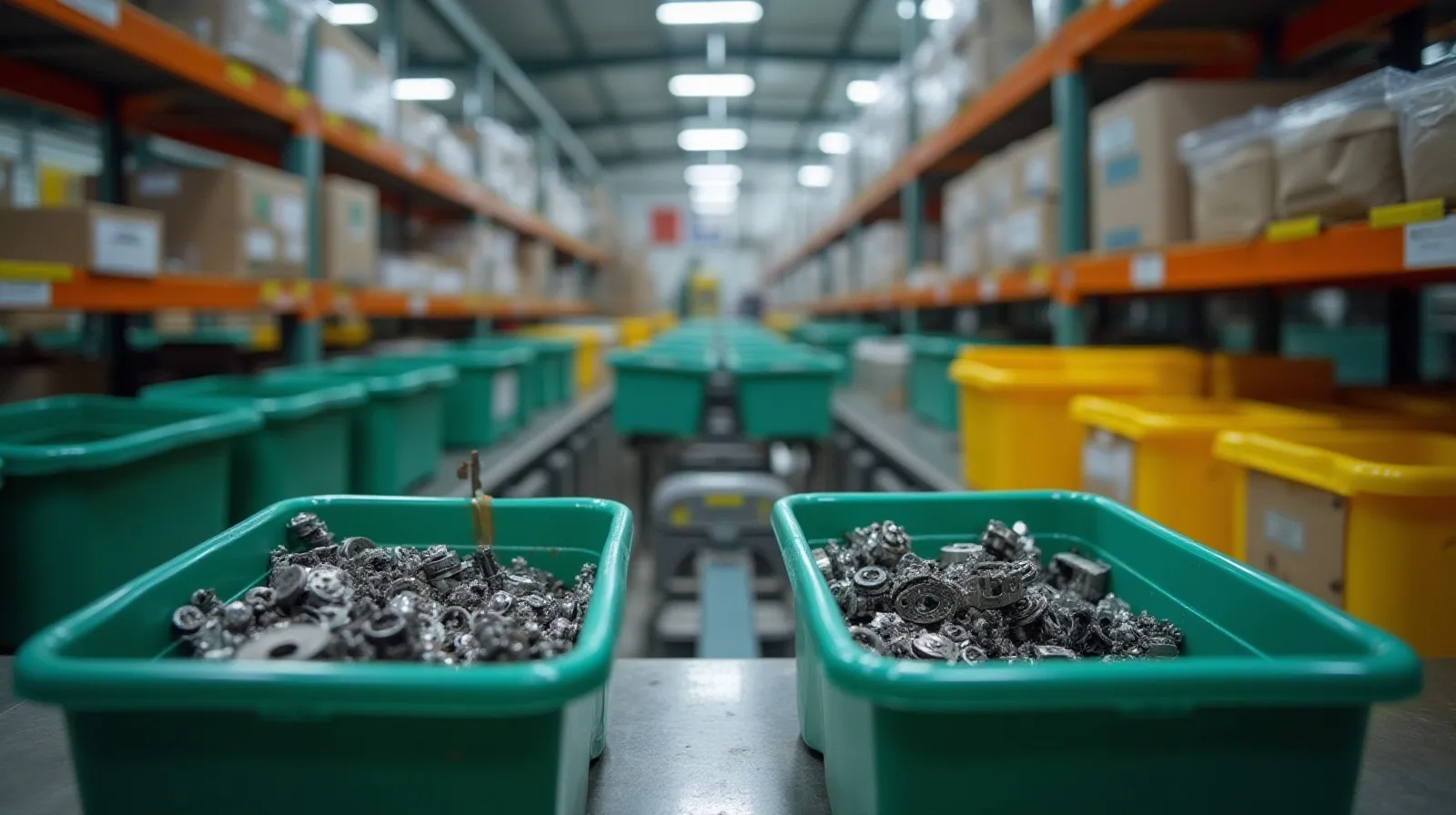 A lean production line workstation with a two-bin kanban system clearly visible, one bin full of parts and one bin empty and flagged for replenishment
