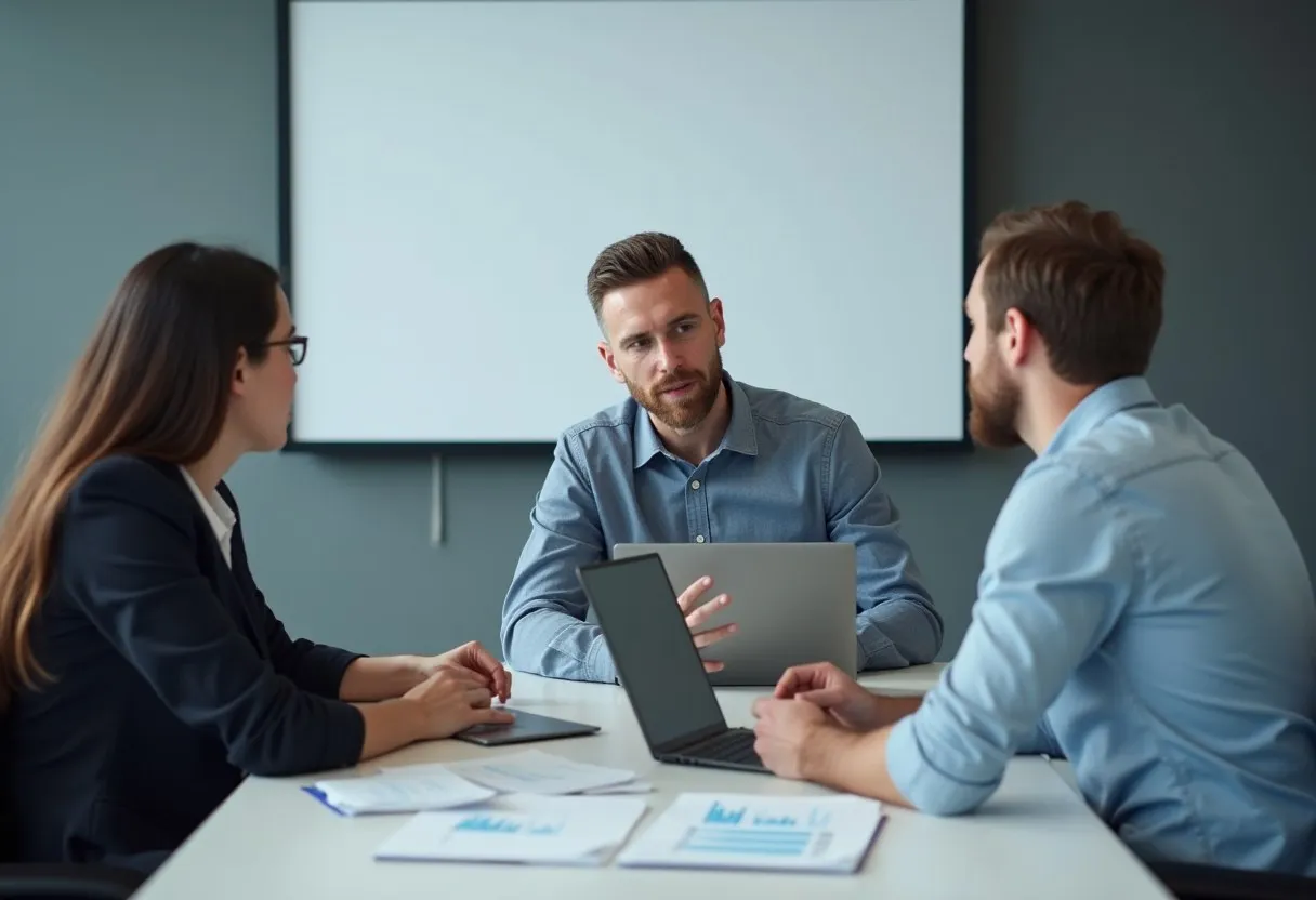 An improvement leader coaching two colleagues across a conference table with printed charts and a laptop