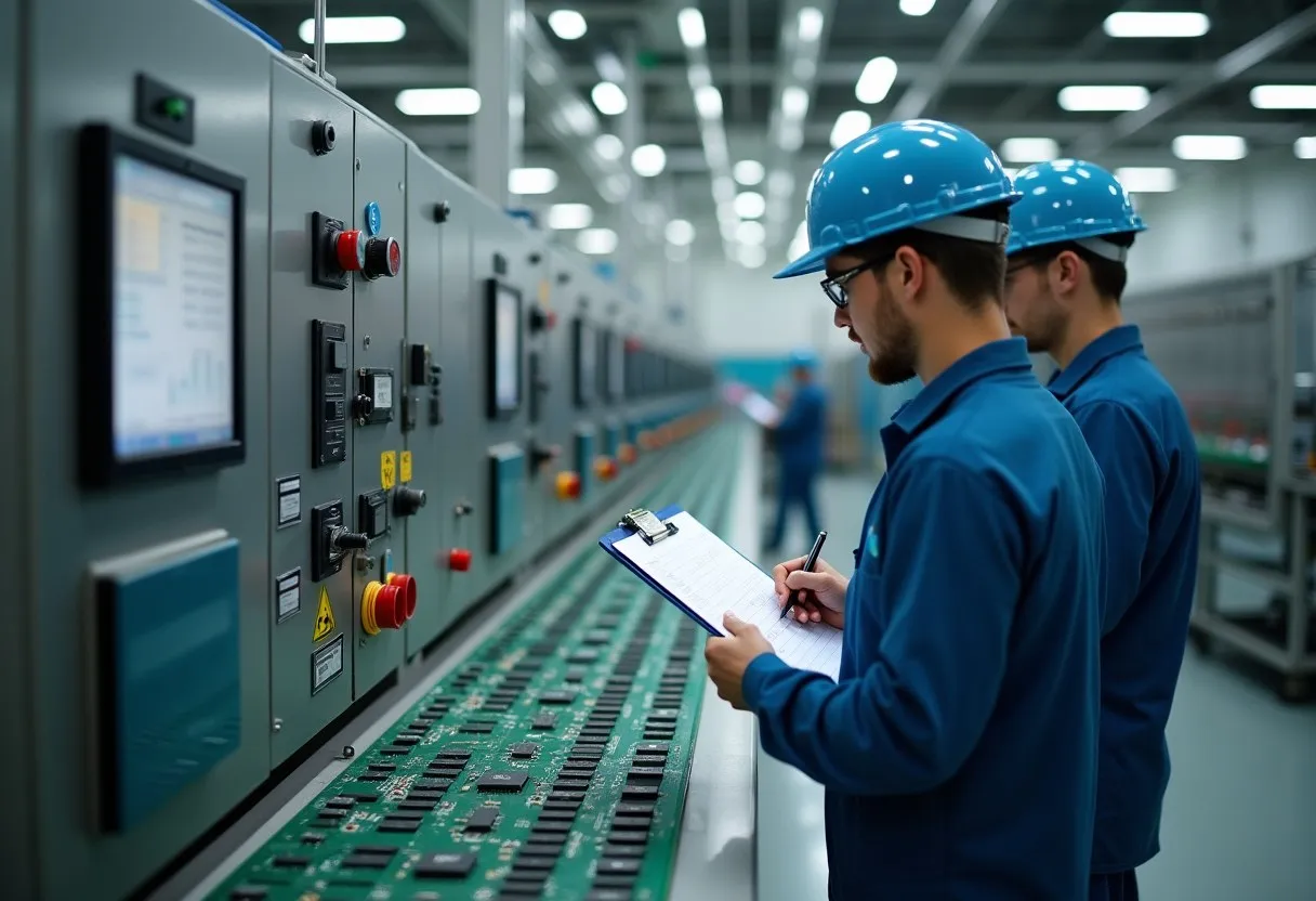 Two process engineers in hard hats beside a control panel on a circuit board line, one recording settings on a clipboard