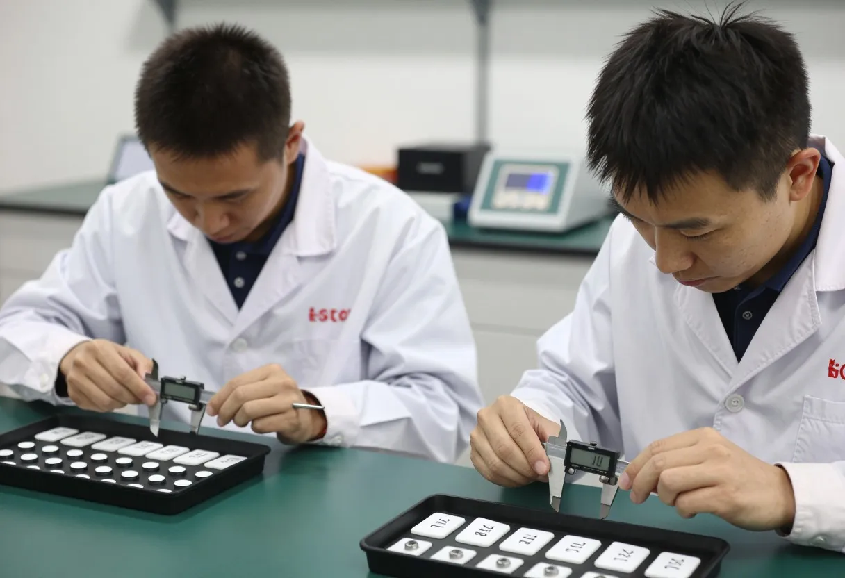 Two quality technicians independently measuring the same set of labeled parts with digital calipers at separate inspection stations during a blind Gage R&R study