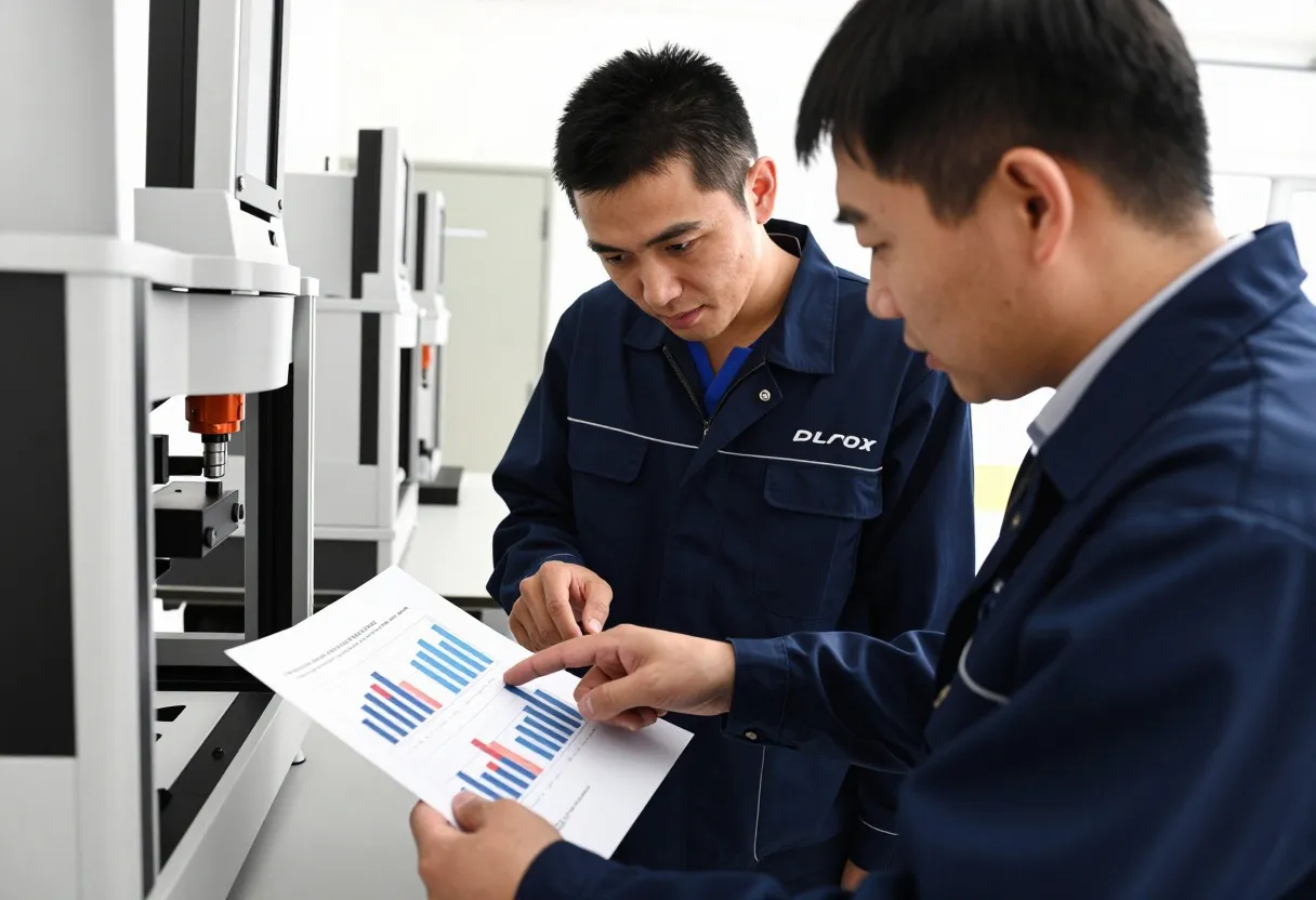 Quality engineer and machinist reviewing a Gage R&R results printout showing repeatability and reproducibility bar charts at a desk near the inspection station
