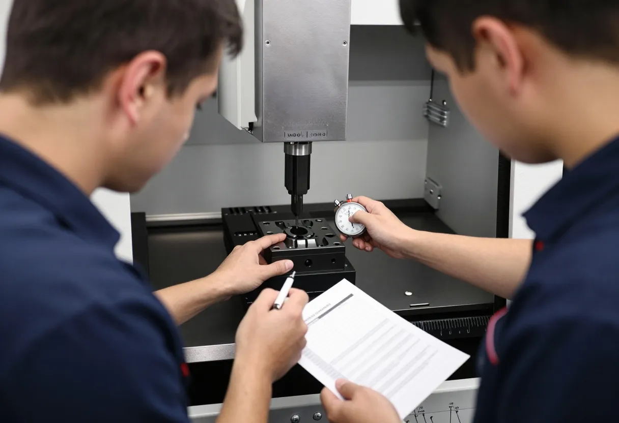 Two machinists working together to complete a fast tool changeover at a CNC machine, with a stopwatch and a changeover checklist visible on the machine control panel