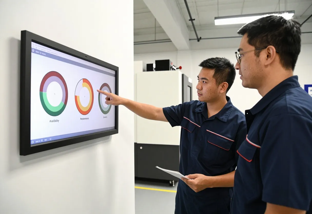 Production supervisor and machinist reviewing an OEE dashboard on a wall-mounted monitor showing availability, performance, and quality gauges during a shift handoff meeting