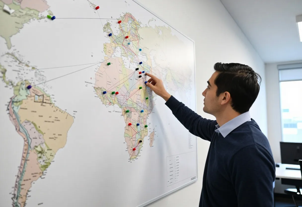 Supply chain analyst reviewing a wall-mounted map with pins and string marking warehouse and factory locations