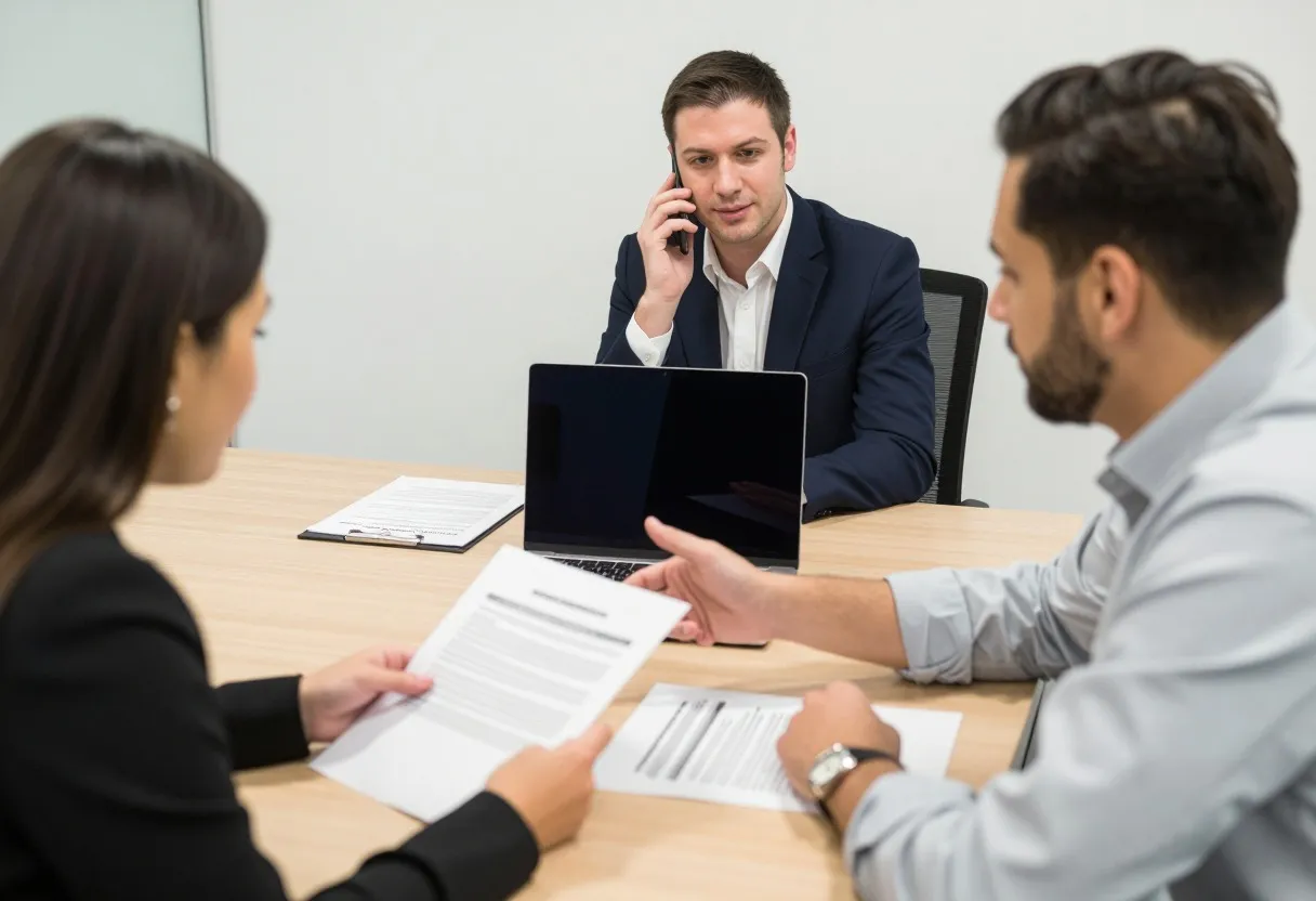 Procurement buyer and supplier sales representative negotiating across a conference table with printed documents and a laptop
