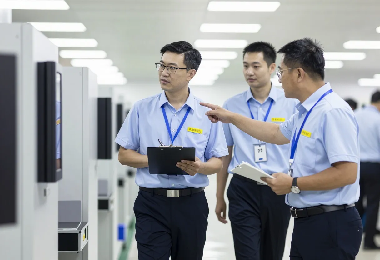 Procurement quality auditor walking through a supplier's manufacturing facility with a clipboard, observing a production line