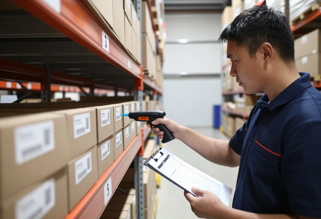 Warehouse worker scanning a barcode label on a shelf bin during a cycle count while holding a printed count sheet