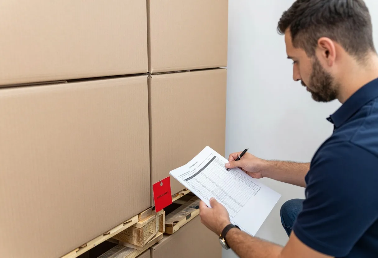 Warehouse planner reviewing a pallet of slow-moving stock and attaching a disposition tag