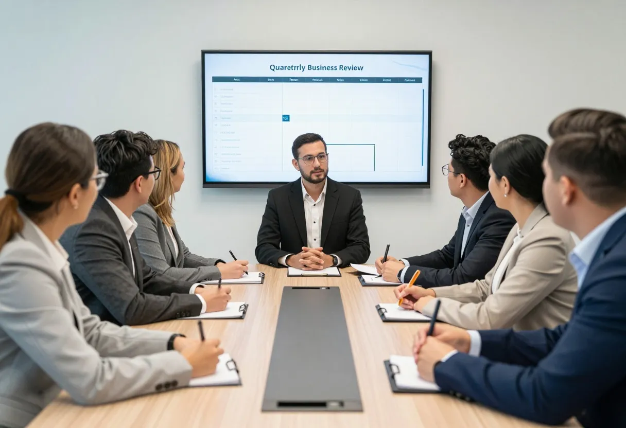 Structured quarterly business review meeting with buyer and supplier representatives around a table, a scorecard chart on a wall screen
