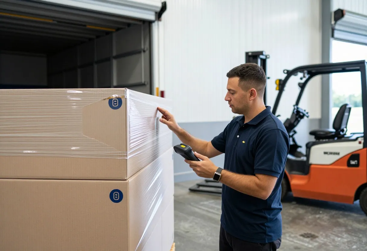 Warehouse receiving clerk inspecting a shrink-wrapped pallet for damage at a dock door with a scanner