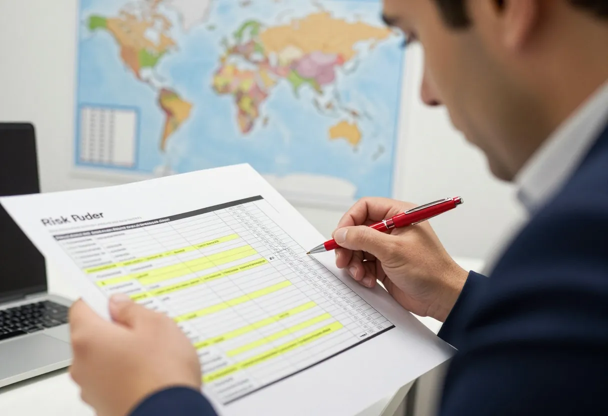 A risk manager reviewing a printed risk register document, highlighting rows and making margin notes
