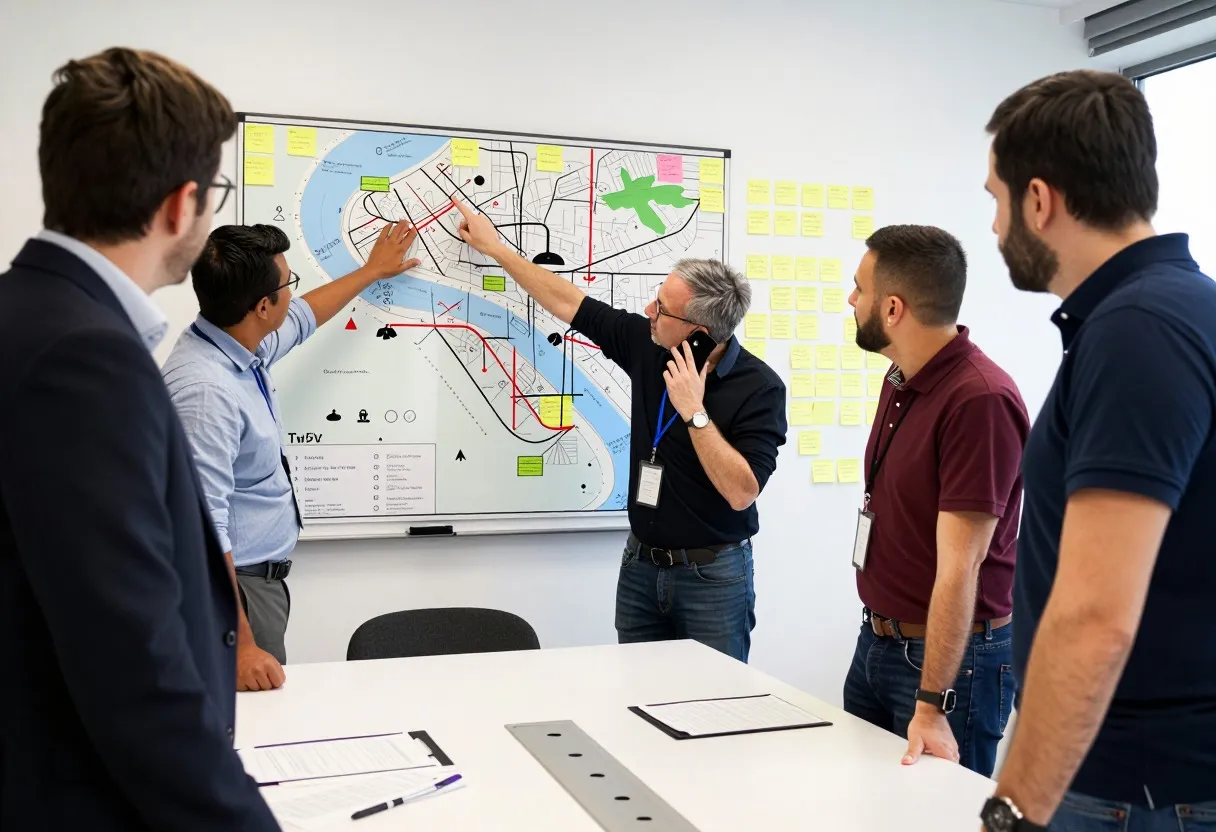 A cross-functional crisis response team standing around a table with a wall map and a whiteboard, working an active supply disruption