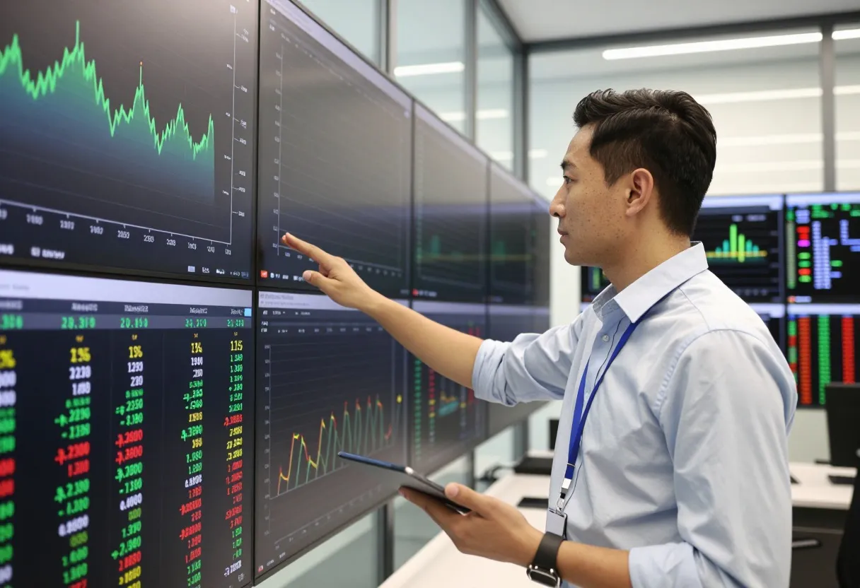A supply chain analyst in a control-tower style office reviewing multiple wall-mounted performance screens