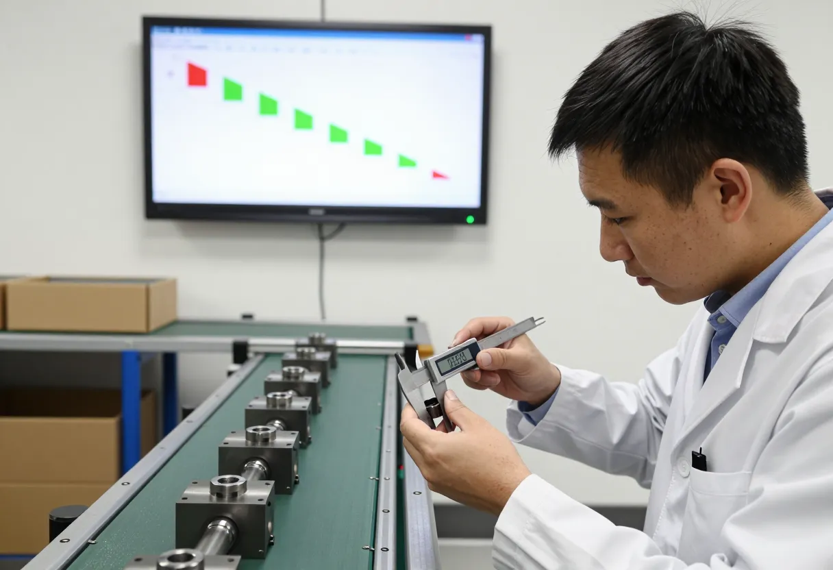 Quality inspector at a final inspection station checking a finished machined part with a digital caliper, with a short conveyor of similar parts behind her and a monitor in the background showing an abstract multi-step yield funnel chart