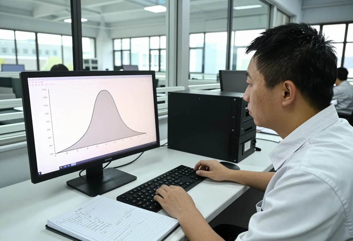 Quality engineer at a desk in an office overlooking the factory floor, studying a monitor showing a bell curve chart with a shaded tail region next to a notebook of handwritten calculations