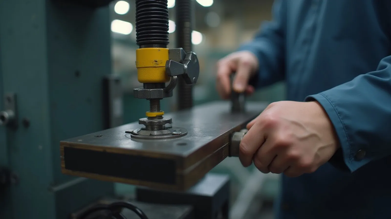 Close-up of hands operating a quick-release cam clamp lever fastener on industrial tooling, securing a metal plate in place