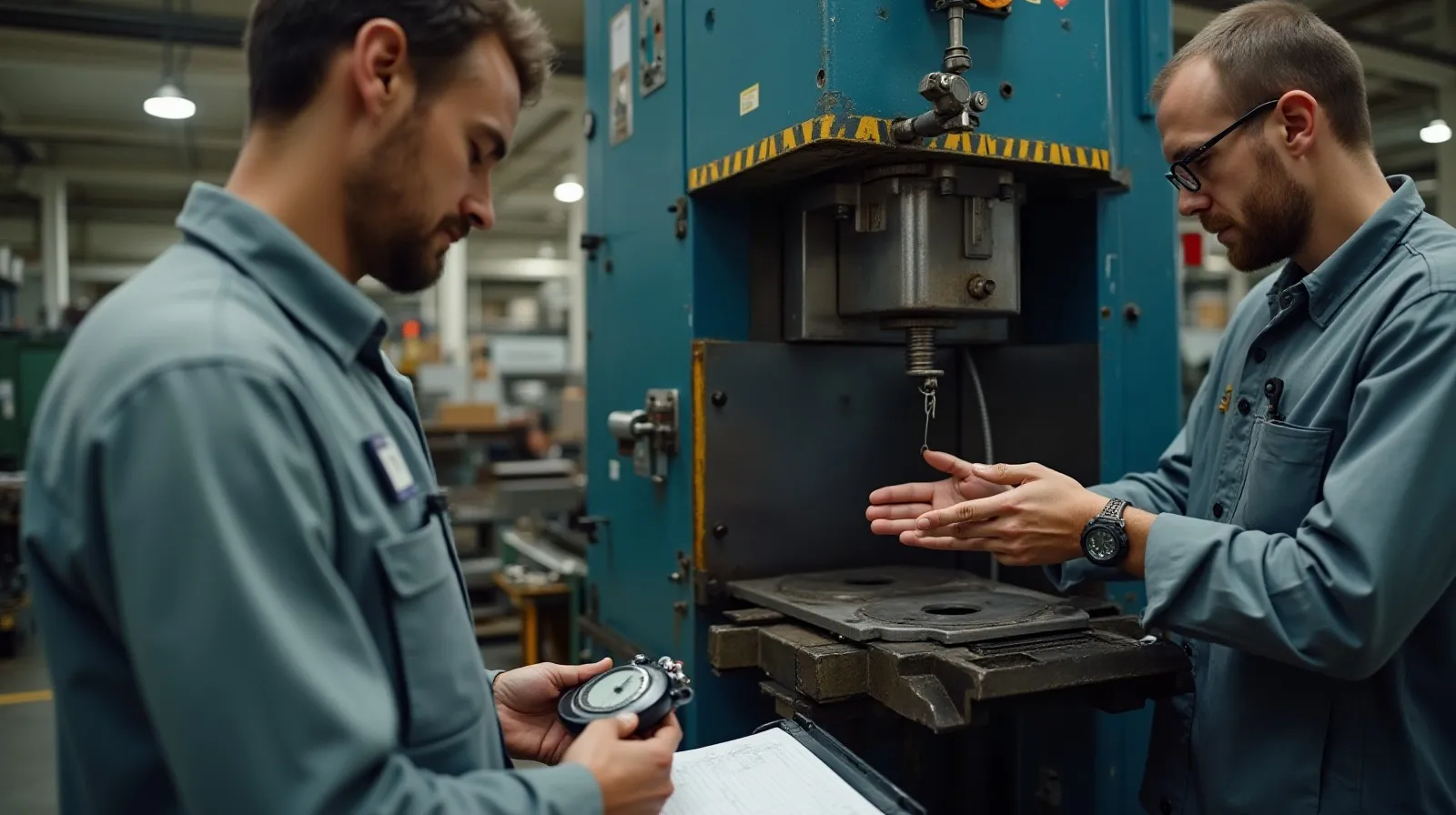 Two machinists performing a fast die changeover on an industrial stamping press, one holding a stopwatch and checklist while the other positions the new die with a quick-release clamp